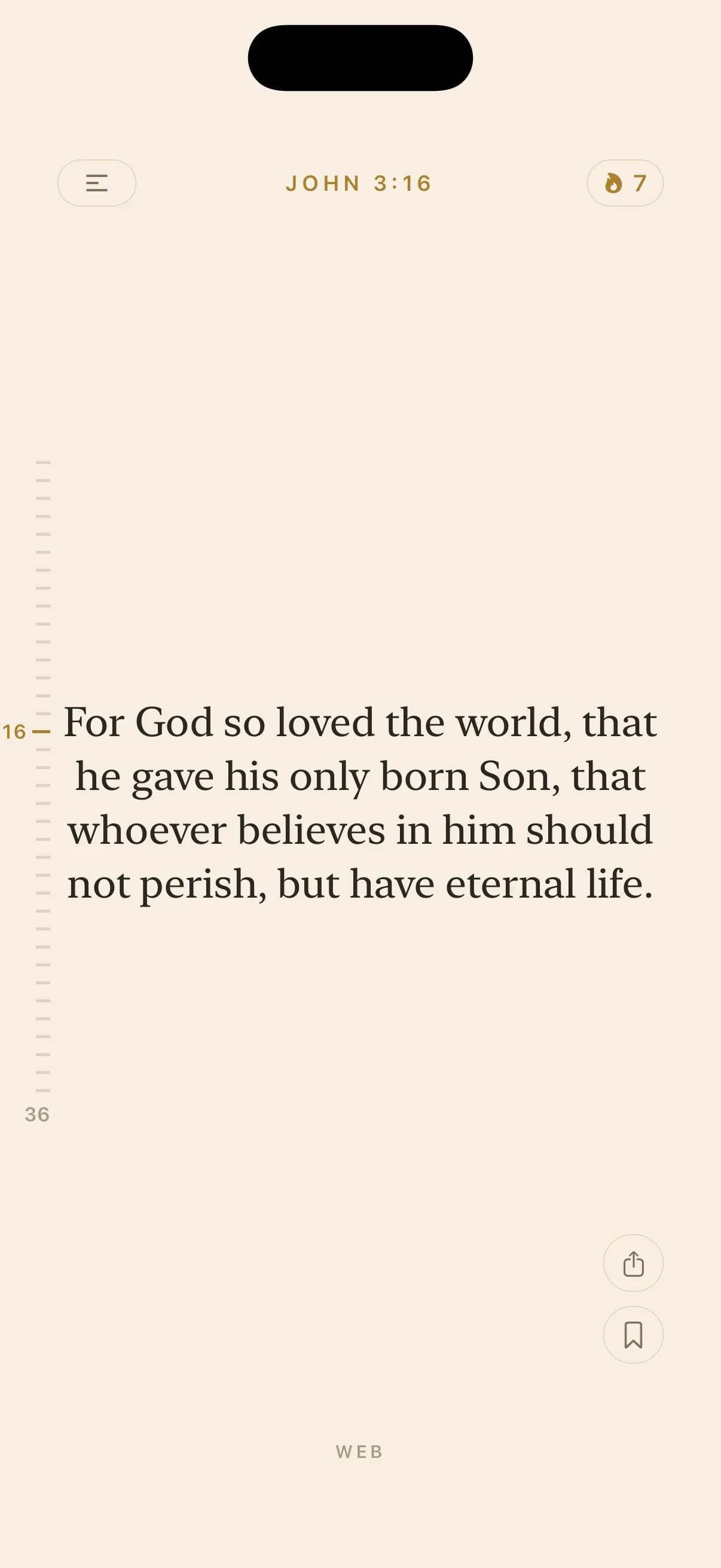 An iPhone showing the Scrolls feed on John 3:16: For God so loved the world, that he gave his only born Son, that whoever believes in him should not perish, but have eternal life. A seven-day streak sits top right.