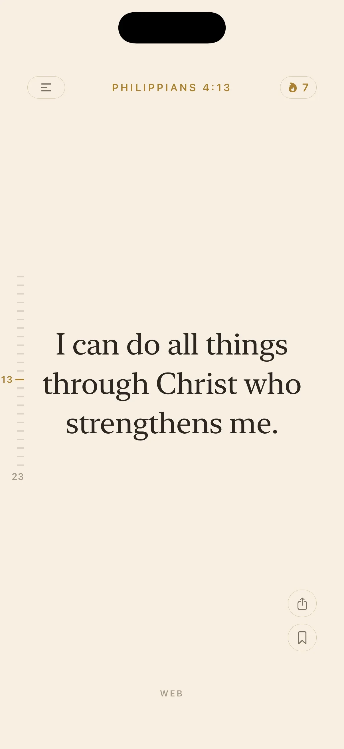 The Scrolls feed showing Philippians 4:13: I can do all things through Christ who strengthens me. A chapter rail runs down the left edge and a seven-day streak sits top right.